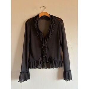 Femme Black Sheer Mesh Ruffle Open Front Cardigan Large Long Sleeve Goth Top